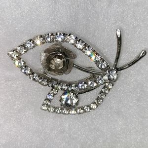 Vintage Mesh Rose Brooch Crystal Rhinestone Leaves Silvertone Floral Bouquet Pin